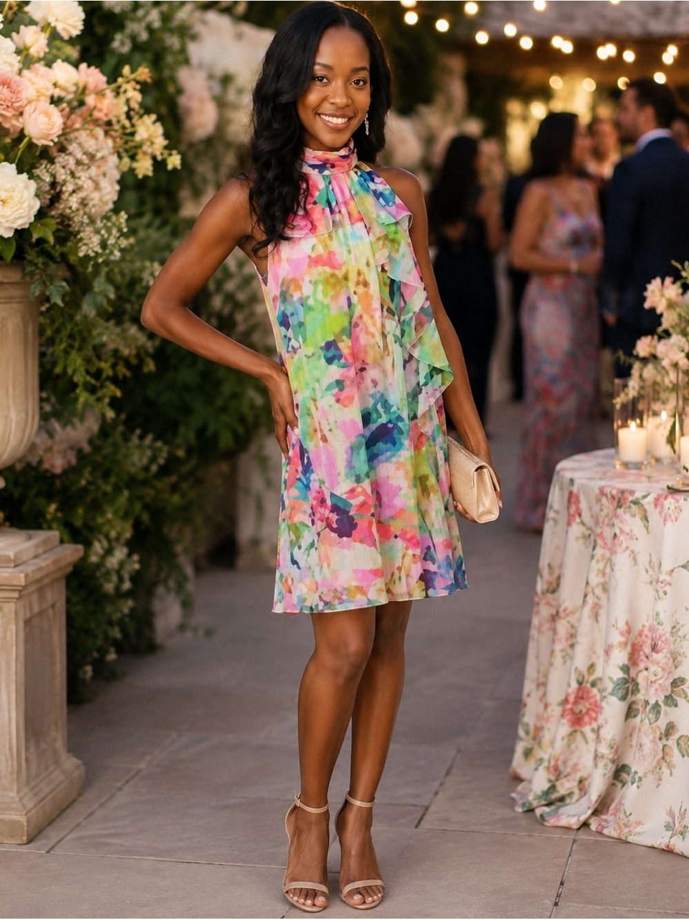 Adrianna Papell Floral Ruffle Chiffon Halter Trapeze Dress-size 8